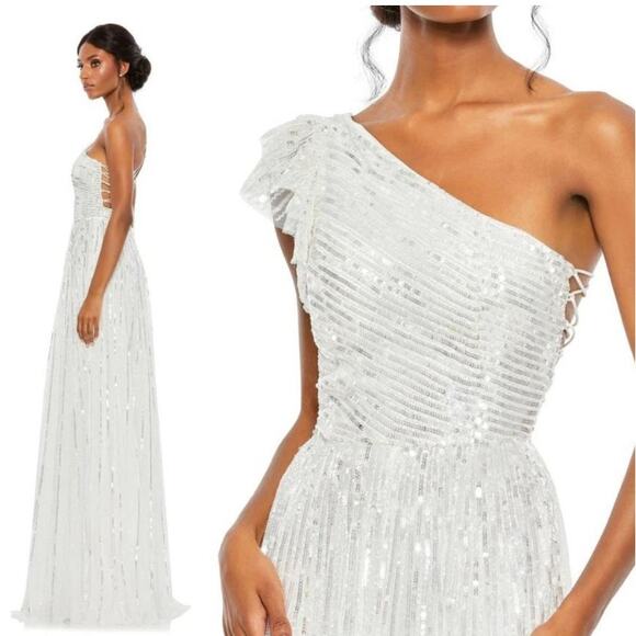 Mac Duggal 5565 Sequin Flutter Sleeve One Shoulder A Line White Gown 0 - Picture 3 of 9